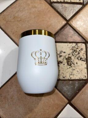 White Stemless Wine Tumbler with Gold Crown Accent